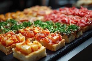 Bruschetta appetizers with tomatoes and cream cheese are served on a tray photo