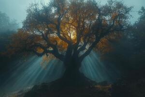 Sunbeams shining through foggy forest illuminating golden tree photo