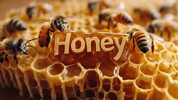 Bees working on honeycomb with honey label, nature's golden treasure photo