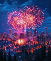Fireworks exploding over calgary skyline during festival celebration at night photo