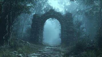 Stone archway leading into foggy forest path photo