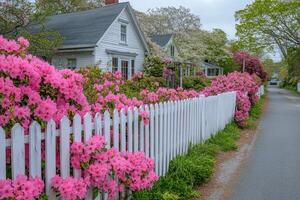 Blooming azaleas line a white picket fence in a suburban neighborhood photo