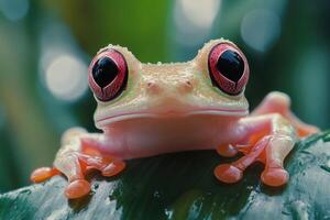 Red-eyed tree frog resting on a leaf in the rainforest photo