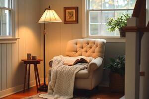 Cozy reading nook with warm lighting and open book inviting relaxation photo