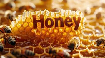 Bees working on honeycomb with honey label, nature's golden treasure photo
