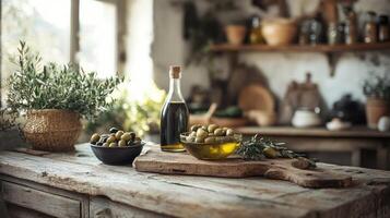 Olive oil, olives and olive branch in rustic kitchen setting photo