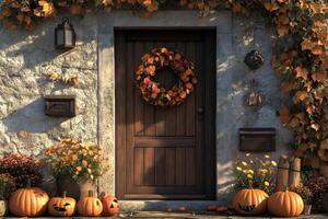 Cozy house entrance decorated for halloween with pumpkins and autumn wreath photo
