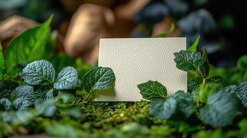 Blank card emerging from lush green foliage and moss photo