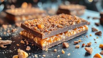 Delicious caramel slice showing crunchy biscuit base and gooey caramel topping photo