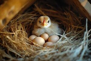 Baby chick resting on fresh eggs in the nest photo