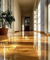 Sunlight illuminating empty corridor with polished parquet floor photo