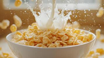 Milk pouring into bowl of cereal creating splash and flying cornflakes photo