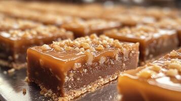 Delicious caramel slice showing crunchy biscuit base and gooey caramel topping photo