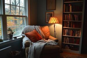 Cozy reading nook with warm lighting and open book inviting relaxation photo