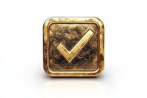 Golden check mark showing approval and success on white background photo