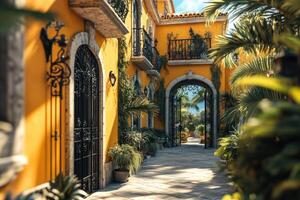 Luxurious tropical villa with palm trees and open gate leading to ocean photo