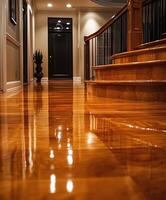 Sunlight illuminating empty corridor with polished parquet floor photo