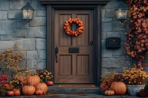 Pumpkins and autumn wreath decorating a cozy wooden house entrance for halloween photo