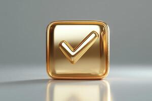Golden check mark showing approval and success on white background photo
