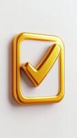 Shiny gold check mark symbol floating on reflective surface photo