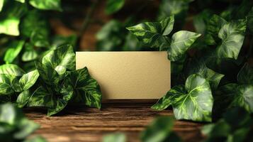 Blank card emerging from lush green foliage and moss photo