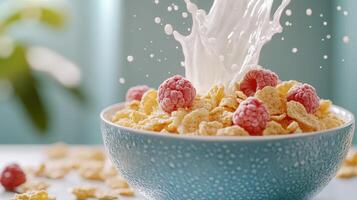 Milk splashing into bowl of cornflakes creating a delicious breakfast photo