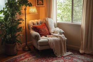 Cozy reading nook with warm lighting and open book inviting relaxation photo