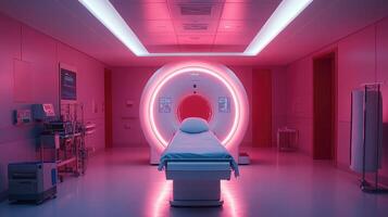 Empty mri scanner glowing pink light in modern hospital room photo