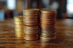 Gold coins stacked on wooden table representing savings and investment photo