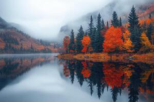 Fog rolling over lake reflecting colorful autumn trees and mountain photo