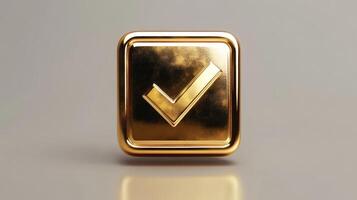 Golden check mark symbol floating on gray background representing success photo