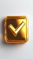 Golden check mark showing approval and success on white background photo