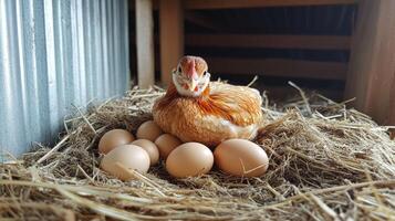 Baby chick resting on fresh eggs in the nest photo