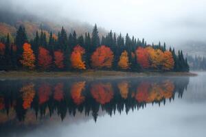 Fog rolling over lake reflecting colorful autumn trees and mountain photo