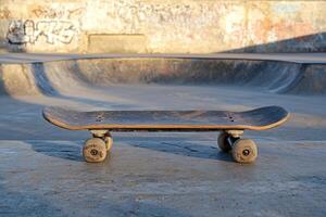 Skateboard resting on edge of empty concrete skatepark bowl with graffiti background photo