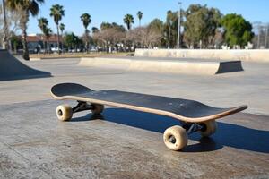 Skateboard resting on edge of empty concrete skatepark bowl with graffiti background photo