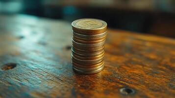 Stack of coins standing on wooden table representing savings and investment photo