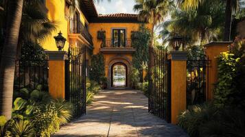 Luxurious hacienda inviting guests through open gates on a sunny day photo