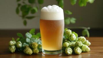 Glass of cold beer with foam and hops on wooden table in blurred pub background photo