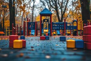 Colorful building blocks scattered on playground surface in autumn photo