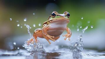 Frog jumping and splashing water in a pond, showing its amazing agility photo