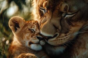 Lioness showing affection to her sleeping cub in the wild photo