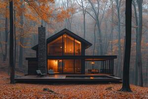 Modern wooden house with glowing windows nestled in autumn forest photo