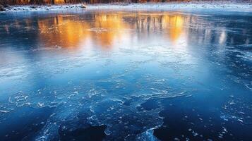 Frozen lake reflecting winter sunset with thin ice forming on surface photo