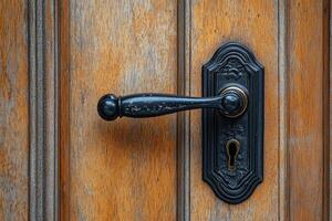 Old black door handle on wooden door, showing elegance and security photo