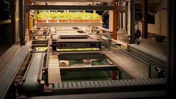 Indoor farm Hydroponic plants growing under LED lights and electric fan to reduce CO2 emission. Indoor vertical farm or vegetable farming that use new technology of seeding plants on vertical stack. photo