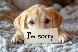 Cute golden labrador dog with a card saying I'm sorry, with nice eyes, lying on the bed. Apology Card with yellow retriever. photo