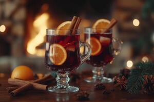 mulled wine with orange slices and cinnamon sticks photo