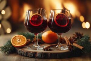 Two glasses of red mulled wine. Hot winter drink with cinnamon, cardamom, orange, anise, Selective focus, soft blurred background, bokeh photo
