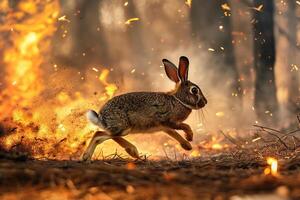 The brave hare runs away from the forest fire photo